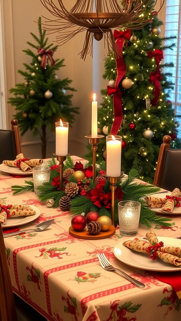 A festive Christmas table setting with candles, greenery, and ornaments.